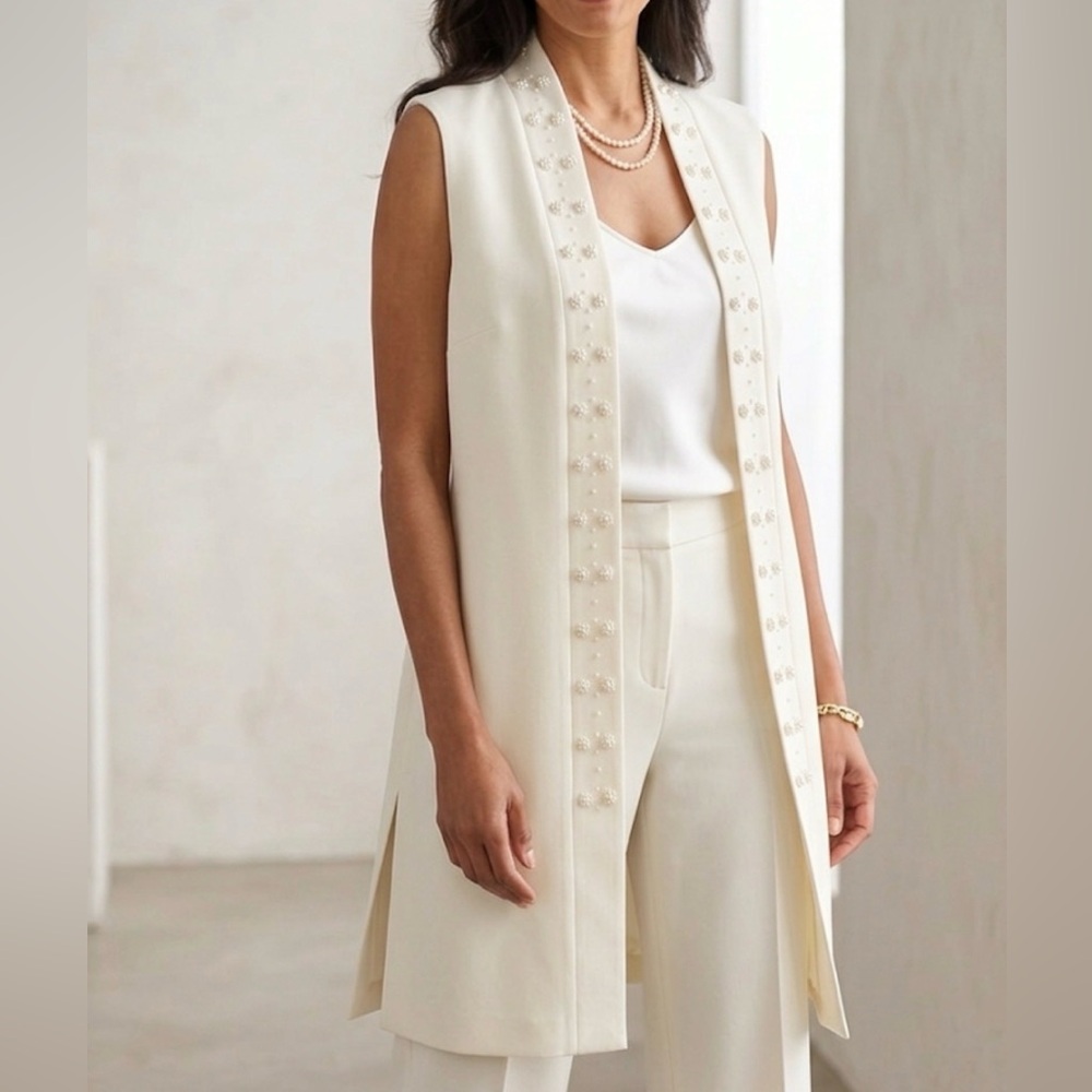 Pearl trim cardigan vest women luxury cozy size M cream IVORY MOONLIGHT BAY